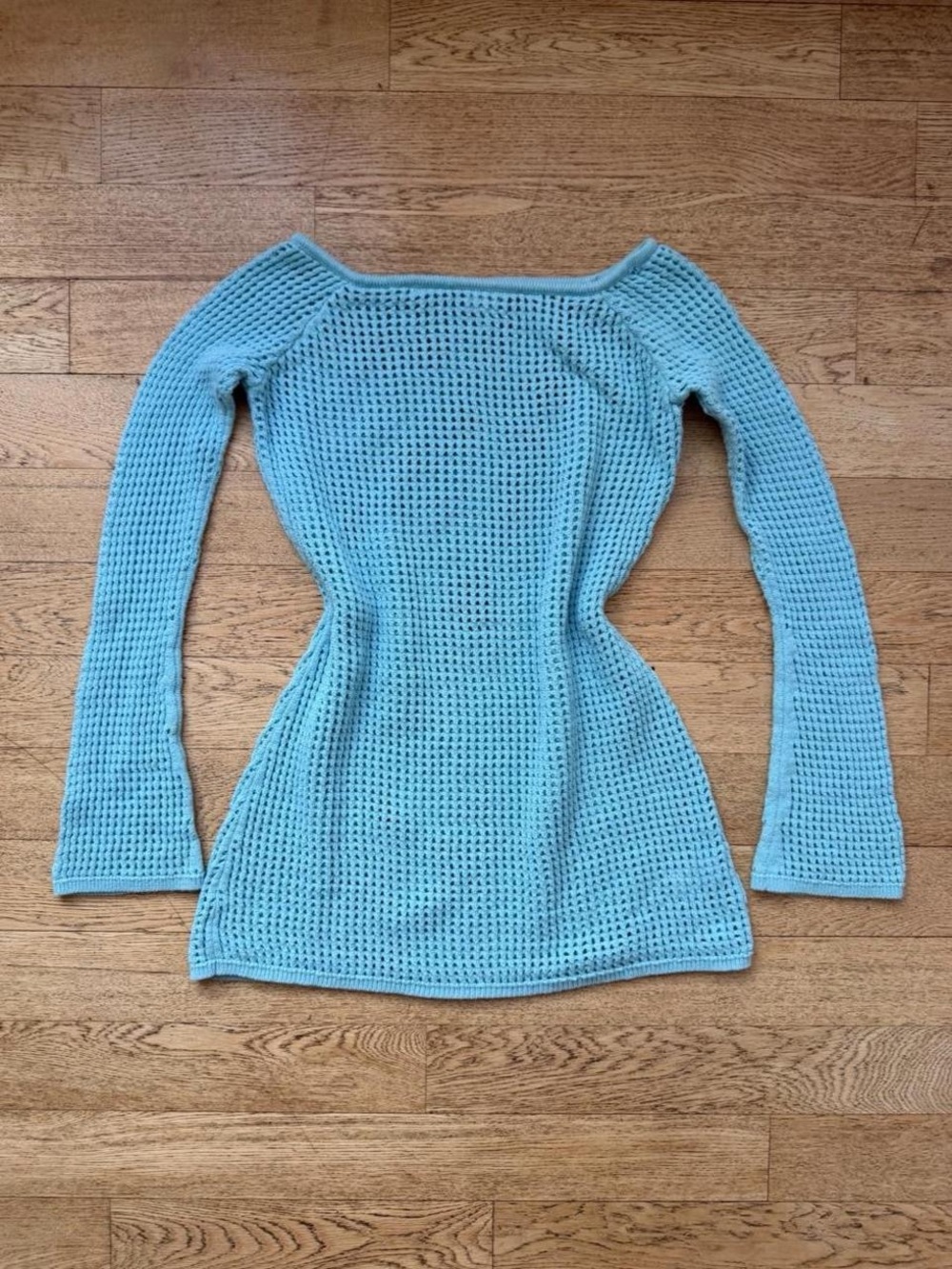 Y2K Aqua Blue Open Knit Long Sleeve Dress Fairycore Flare Sleeve